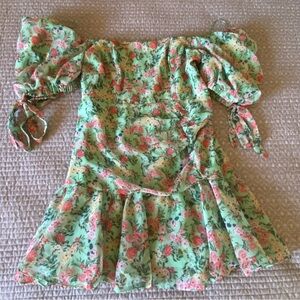 Luxxel Green Floral Ruffle Off the Shoulder Mini Dress
